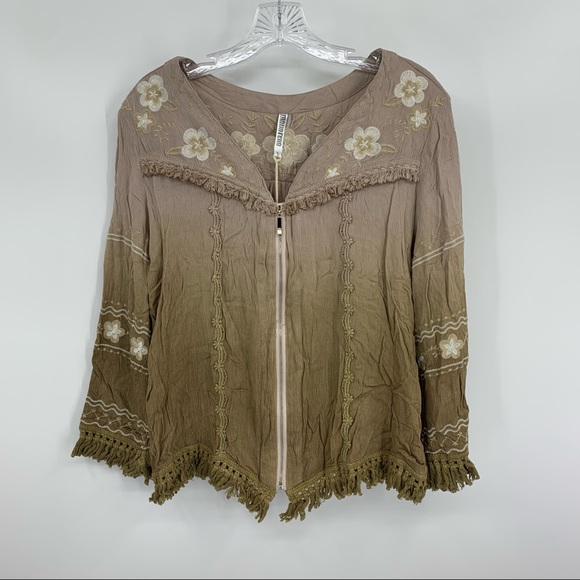 Monoreno NWT Embroidered Full Zip Mocha Brown Top with Fringe Size S - Picture 1 of 7